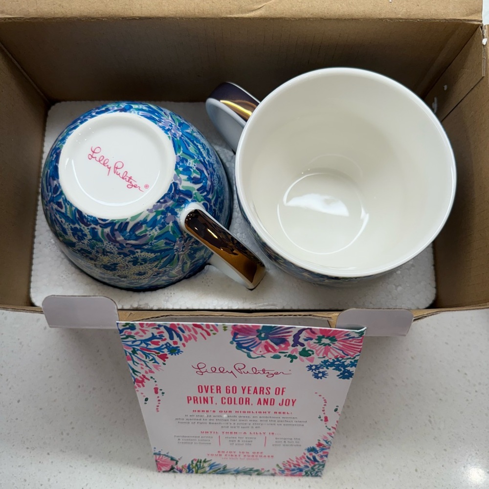 Lilly Pulitzer Ceramic Mug Set of 2 – Blue Floral Print, 12 oz, Gold Handle